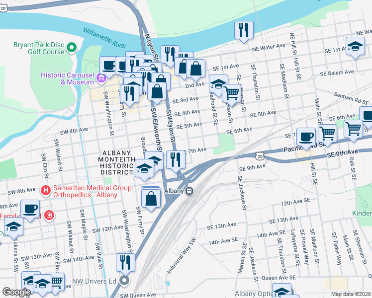 map of restaurants, bars, coffee shops, grocery stores, and more near 705 Lyon Street in Albany