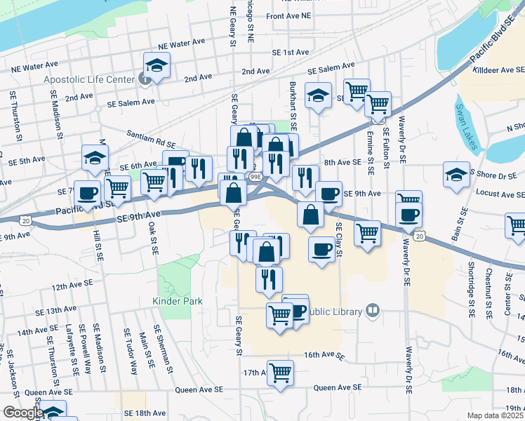 map of restaurants, bars, coffee shops, grocery stores, and more near 941 Southeast Geary Street in Albany