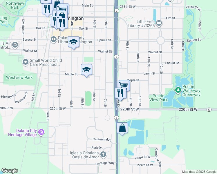 map of restaurants, bars, coffee shops, grocery stores, and more near 901 7th Street in Farmington
