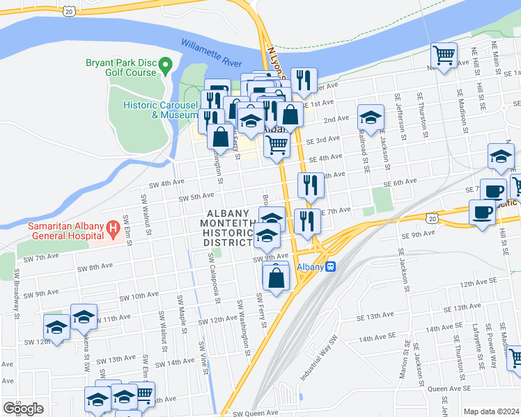 map of restaurants, bars, coffee shops, grocery stores, and more near 320 Southwest 6th Avenue in Albany