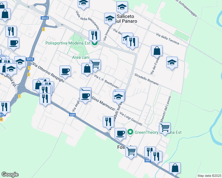 map of restaurants, bars, coffee shops, grocery stores, and more near 12-34 Via Johann Sebastian Bach in Modena