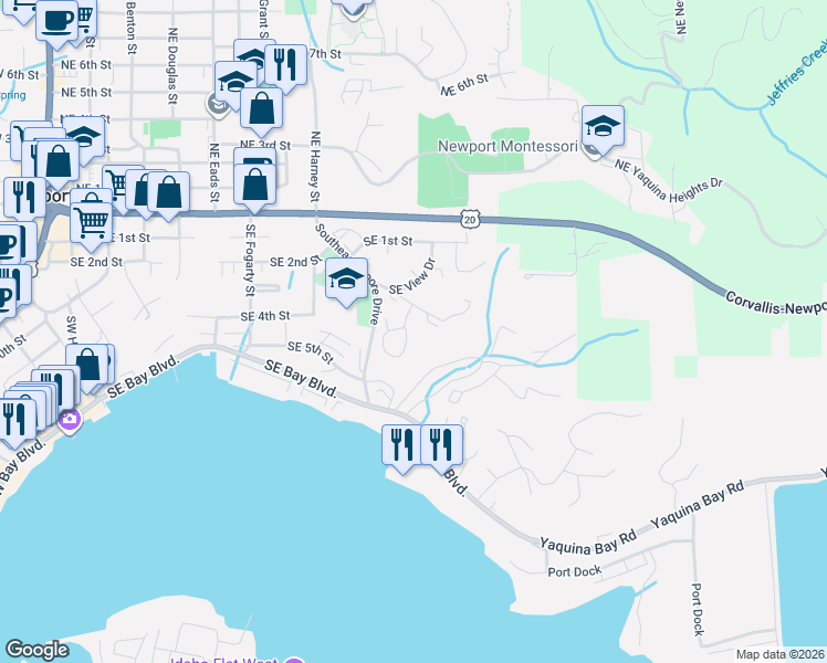 map of restaurants, bars, coffee shops, grocery stores, and more near Southeast Scenic Loop in Newport