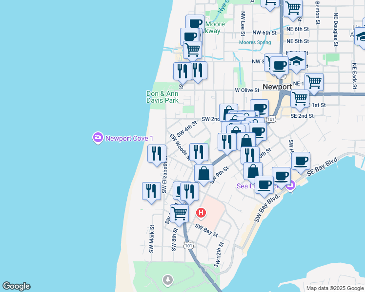 map of restaurants, bars, coffee shops, grocery stores, and more near 553 Southwest 5th Street in Newport