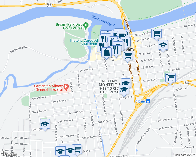 map of restaurants, bars, coffee shops, grocery stores, and more near 618 6th Avenue Southwest in Albany