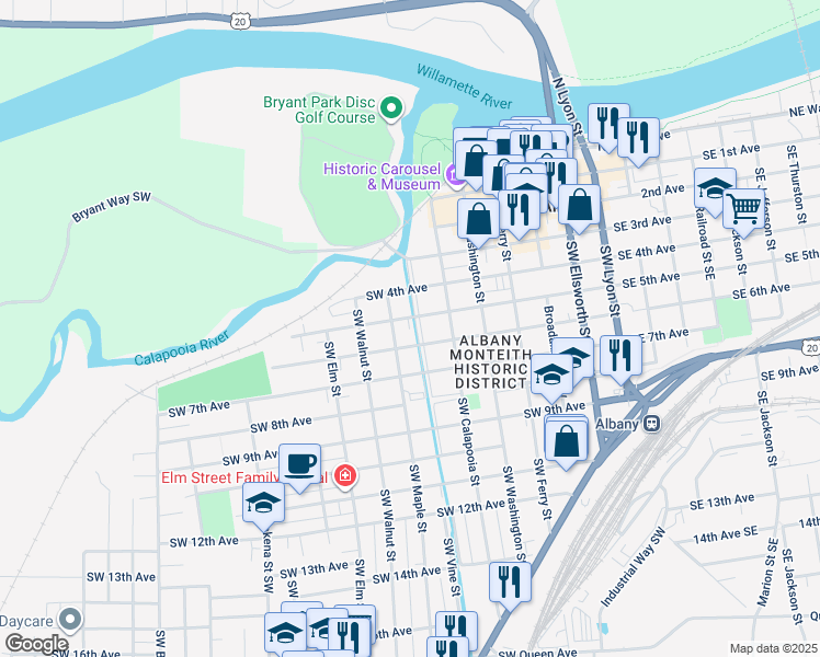 map of restaurants, bars, coffee shops, grocery stores, and more near 728 Southwest 6th Avenue in Albany
