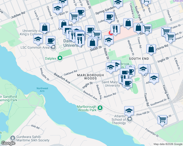 map of restaurants, bars, coffee shops, grocery stores, and more near in Halifax