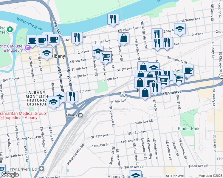 map of restaurants, bars, coffee shops, grocery stores, and more near 99792 Pacific Boulevard Southeast in Albany