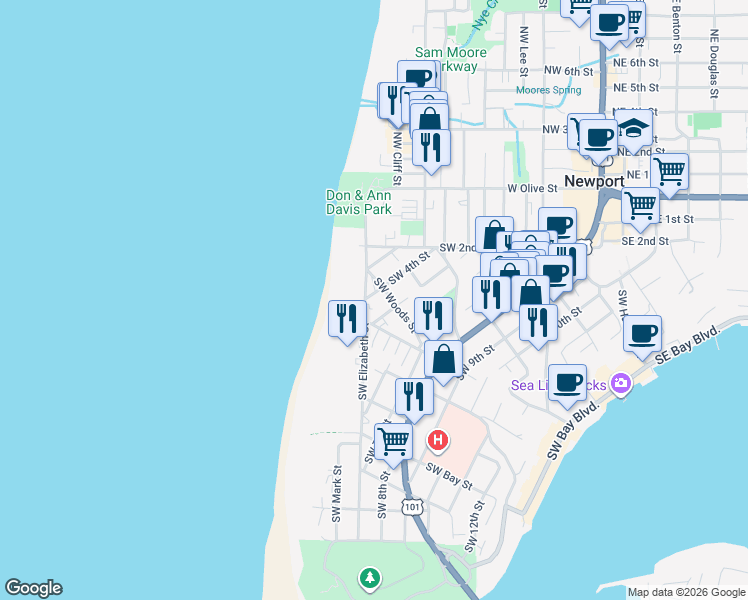 map of restaurants, bars, coffee shops, grocery stores, and more near 536 Southwest Elizabeth Street in Newport
