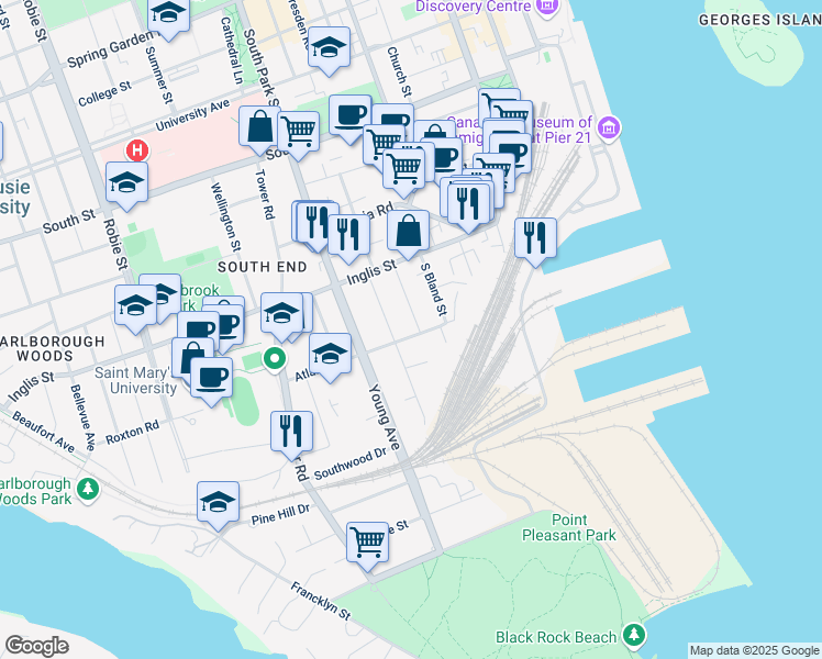 map of restaurants, bars, coffee shops, grocery stores, and more near 5537 Atlantic Street in Halifax
