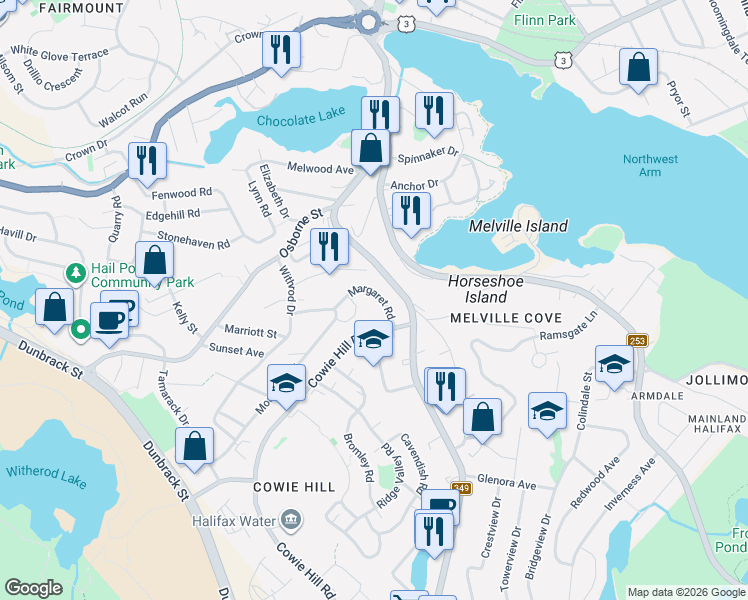 map of restaurants, bars, coffee shops, grocery stores, and more near 42 Margaret Road in Halifax