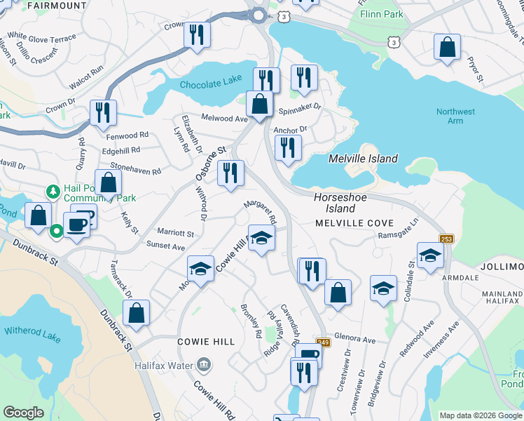 map of restaurants, bars, coffee shops, grocery stores, and more near 41 Cowie Hill Road in Halifax