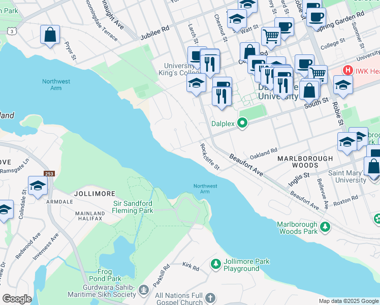 map of restaurants, bars, coffee shops, grocery stores, and more near 6634 South Street in Halifax