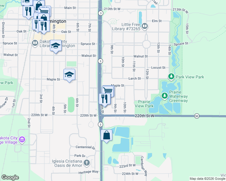 map of restaurants, bars, coffee shops, grocery stores, and more near 814 9th Street in Farmington