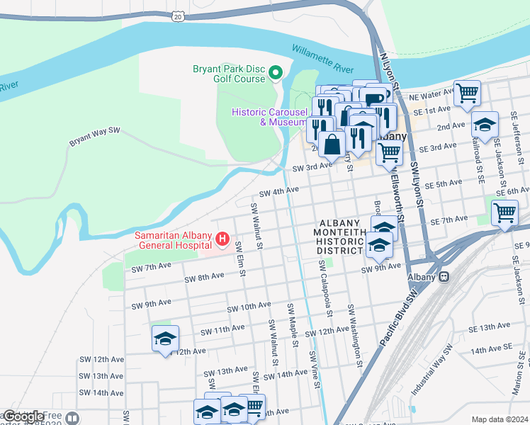 map of restaurants, bars, coffee shops, grocery stores, and more near 905 6th Avenue Southwest in Albany