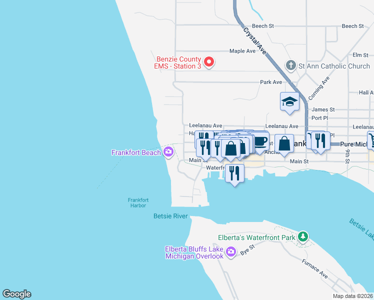map of restaurants, bars, coffee shops, grocery stores, and more near Main Street in Frankfort