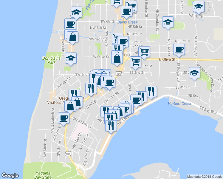 map of restaurants, bars, coffee shops, grocery stores, and more near 900 Southwest Lee Street in Newport