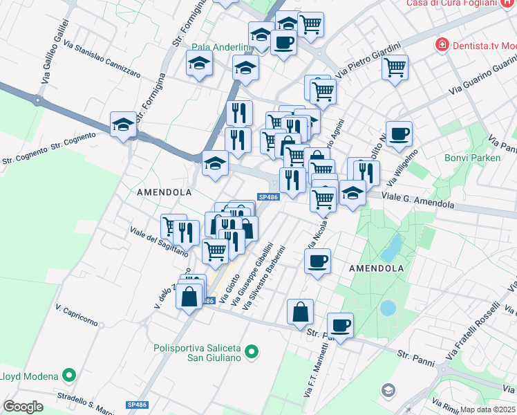 map of restaurants, bars, coffee shops, grocery stores, and more near 214 Via Giotto in Modena