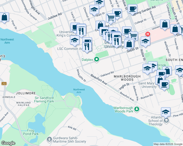 map of restaurants, bars, coffee shops, grocery stores, and more near 1137 Beaufort Avenue in Halifax