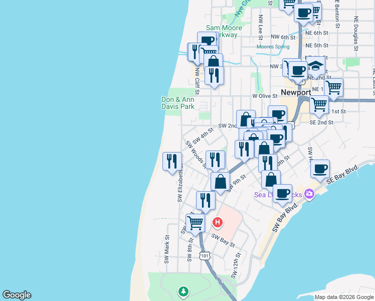 map of restaurants, bars, coffee shops, grocery stores, and more near 531 Southwest Fall Street in Newport