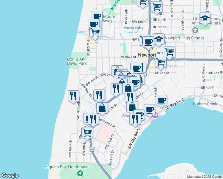map of restaurants, bars, coffee shops, grocery stores, and more near 620 Southwest Alder Street in Newport