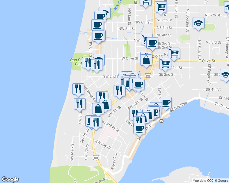 map of restaurants, bars, coffee shops, grocery stores, and more near 620 Southwest Alder Street in Newport