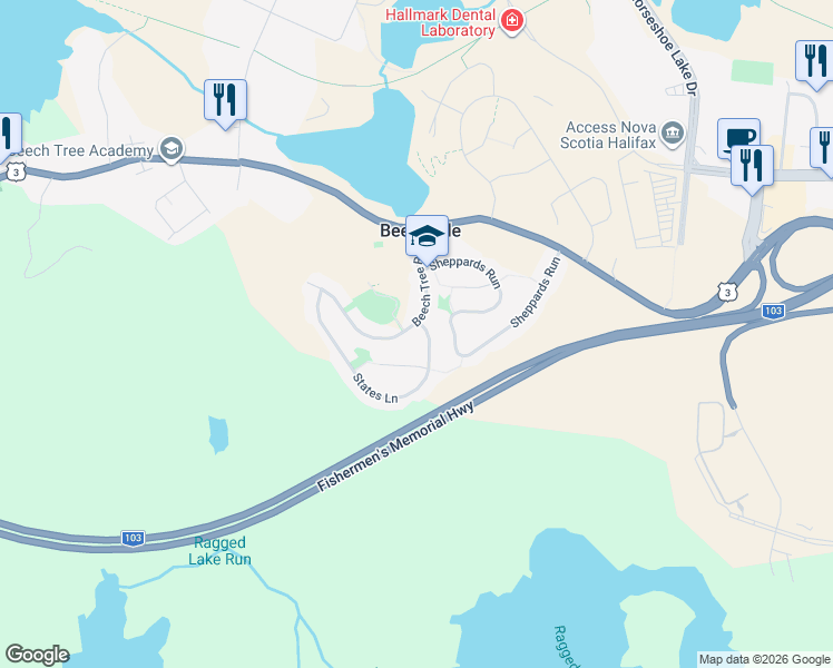 map of restaurants, bars, coffee shops, grocery stores, and more near 100 Beech Tree Run in Beechville