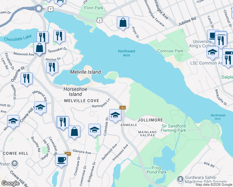 map of restaurants, bars, coffee shops, grocery stores, and more near 14 Pinehaven Drive in Halifax