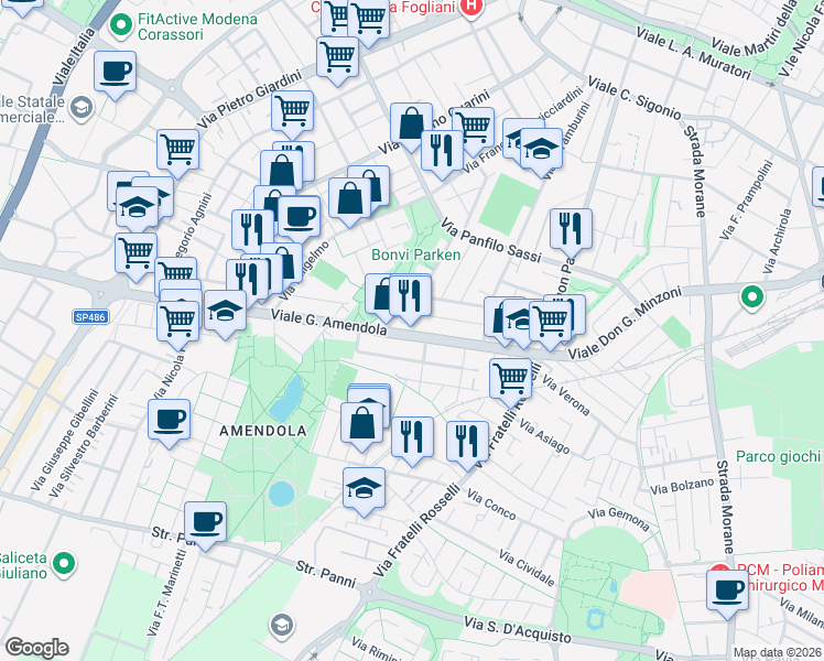 map of restaurants, bars, coffee shops, grocery stores, and more near 98 Via Duccio di Boninsegna in Bologna