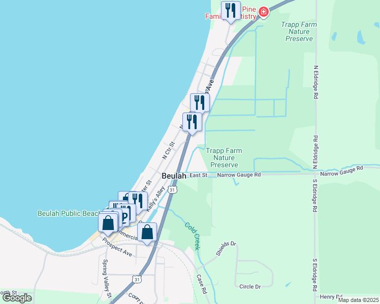 map of restaurants, bars, coffee shops, grocery stores, and more near 141 U.S. 31 in Beulah