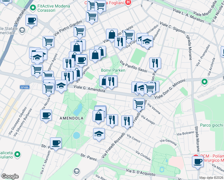 map of restaurants, bars, coffee shops, grocery stores, and more near 98 Via Duccio di Boninsegna in Modena