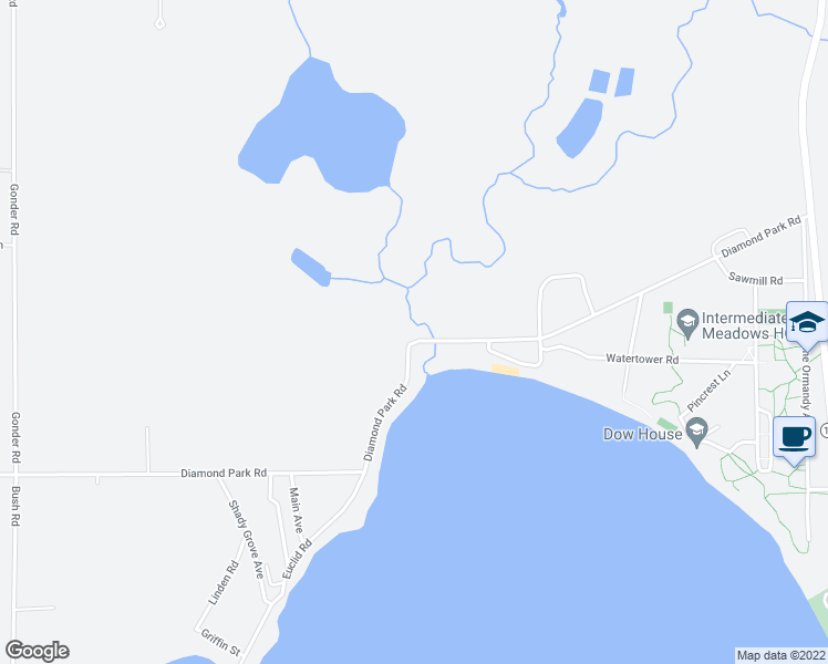 map of restaurants, bars, coffee shops, grocery stores, and more near 10250 Diamond Park Road in Interlochen