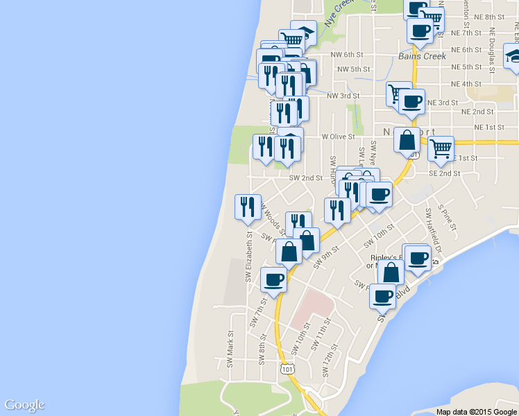 map of restaurants, bars, coffee shops, grocery stores, and more near 540 Southwest 4th Street in Newport