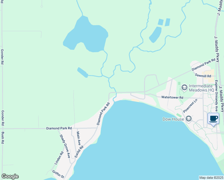 map of restaurants, bars, coffee shops, grocery stores, and more near 10250-10344 Diamond Park Road in Interlochen