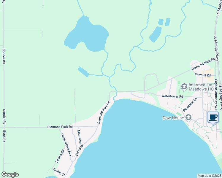 map of restaurants, bars, coffee shops, grocery stores, and more near 10250 Diamond Park Road in Interlochen