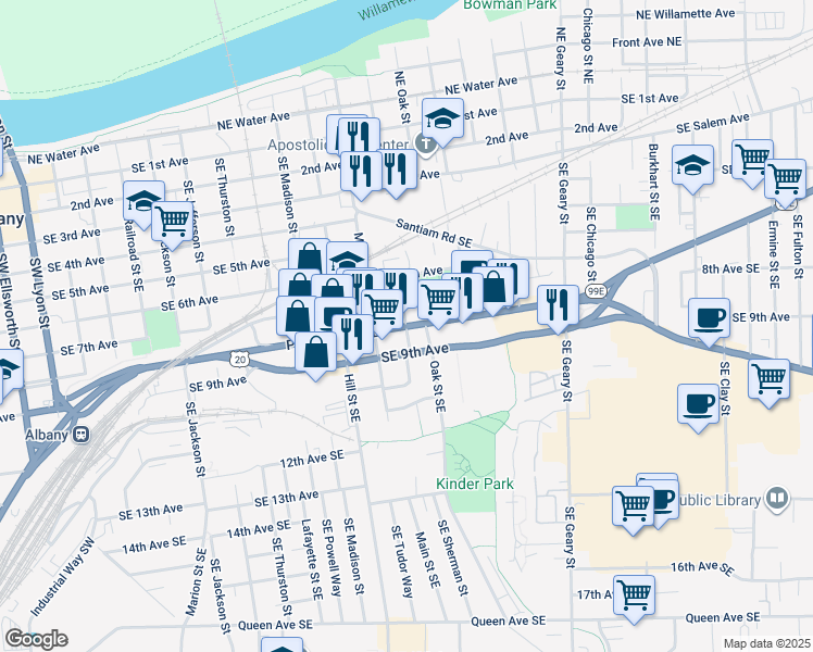 map of restaurants, bars, coffee shops, grocery stores, and more near 1201 Pacific Boulevard Southeast in Albany