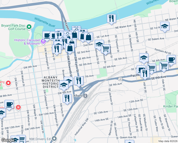 map of restaurants, bars, coffee shops, grocery stores, and more near 237 Southeast 5th Avenue in Albany