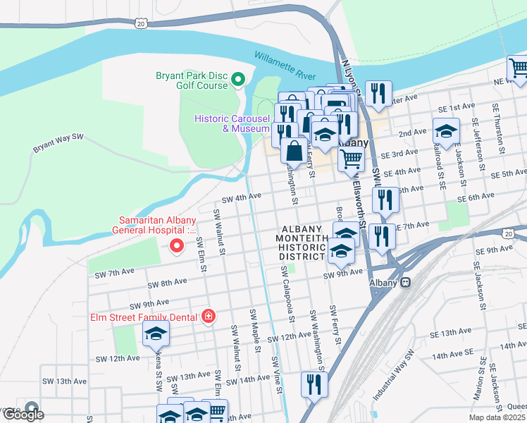 map of restaurants, bars, coffee shops, grocery stores, and more near 404 Calapooia Street Southwest in Albany