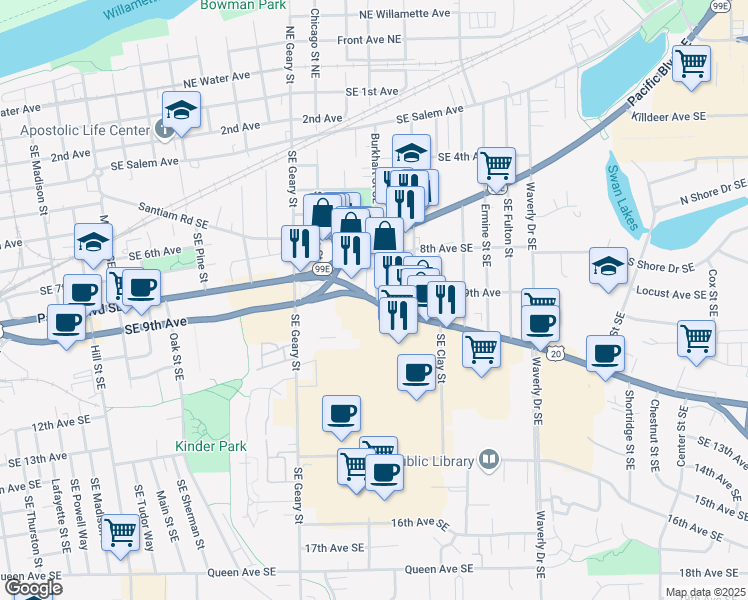 map of restaurants, bars, coffee shops, grocery stores, and more near 2000 Santiam Highway Southeast in Albany