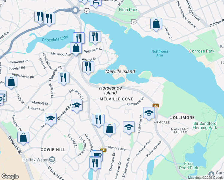 map of restaurants, bars, coffee shops, grocery stores, and more near Sailboat Lane in Halifax