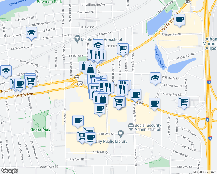 map of restaurants, bars, coffee shops, grocery stores, and more near 2310 Southeast 9th Avenue in Albany