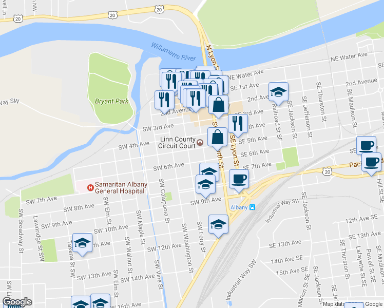 map of restaurants, bars, coffee shops, grocery stores, and more near 330 5th Avenue Southwest in Albany