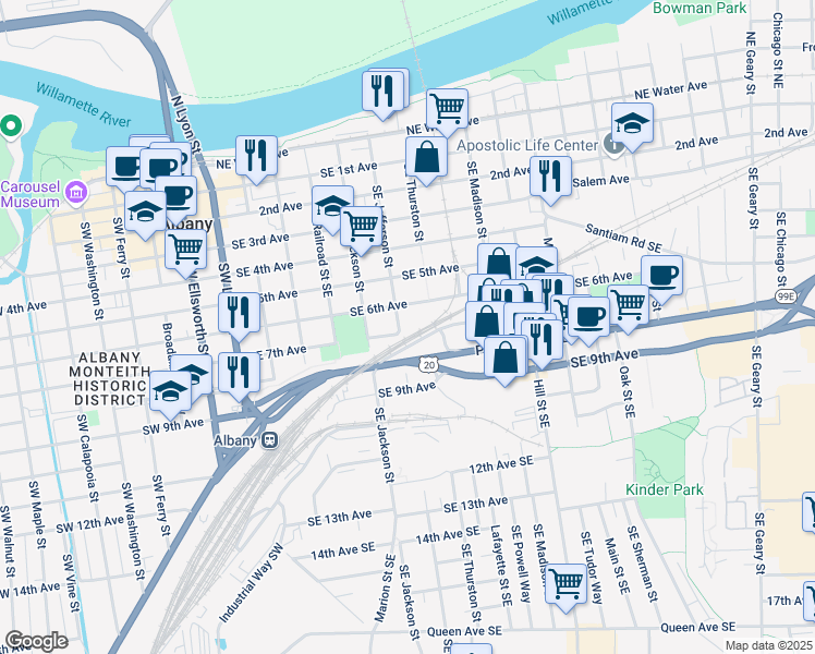 map of restaurants, bars, coffee shops, grocery stores, and more near 607 Southeast Jefferson Street in Albany