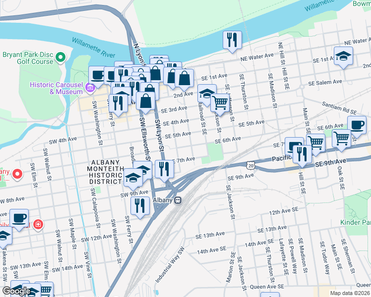 map of restaurants, bars, coffee shops, grocery stores, and more near 237 Southeast 5th Avenue in Albany