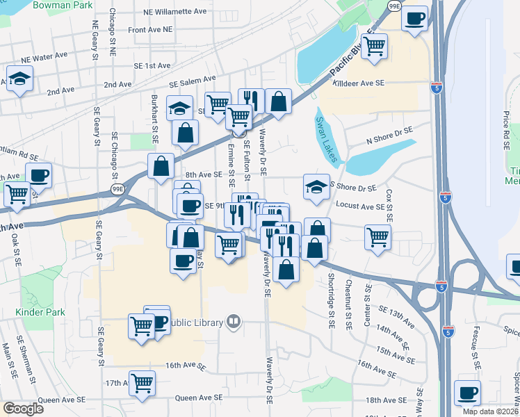 map of restaurants, bars, coffee shops, grocery stores, and more near 904 Southeast Waverly Drive in Albany