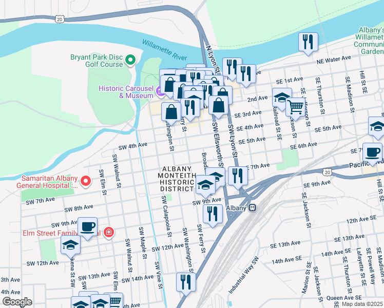 map of restaurants, bars, coffee shops, grocery stores, and more near 340 Southwest 5th Avenue in Albany