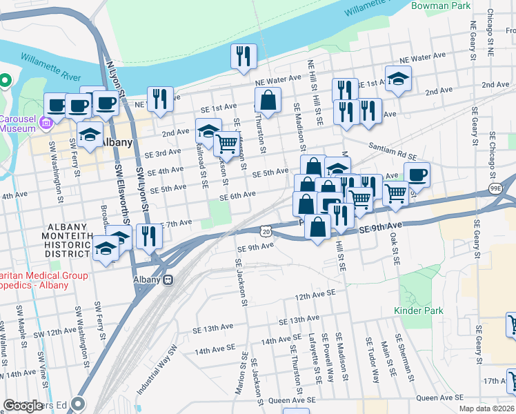 map of restaurants, bars, coffee shops, grocery stores, and more near 697 Southeast Jefferson Street in Albany