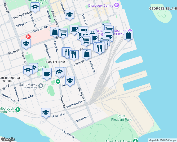 map of restaurants, bars, coffee shops, grocery stores, and more near 929 Brussels Street in Halifax