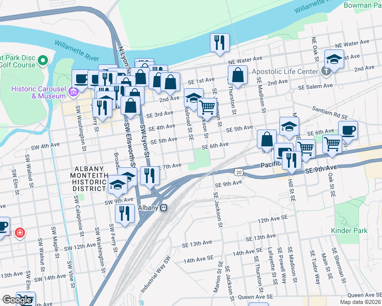 map of restaurants, bars, coffee shops, grocery stores, and more near 337 Southeast 6th Avenue in Albany