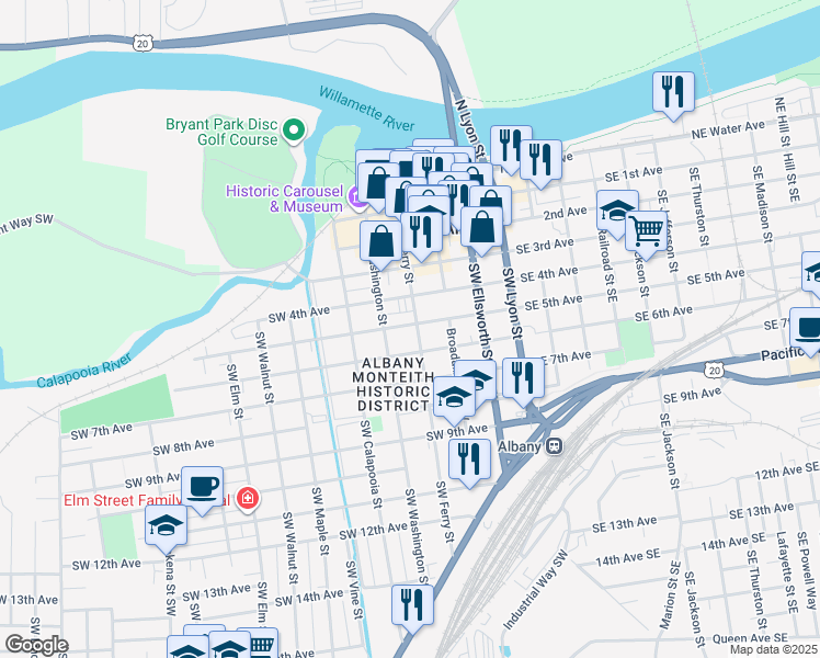 map of restaurants, bars, coffee shops, grocery stores, and more near 340 Southwest 5th Avenue in Albany