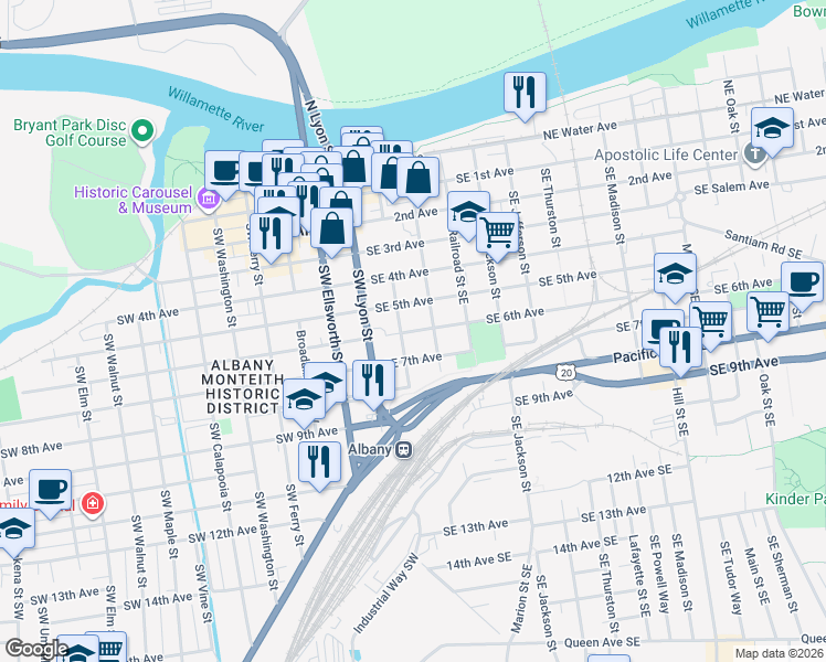 map of restaurants, bars, coffee shops, grocery stores, and more near 237 Southeast 6th Avenue in Albany